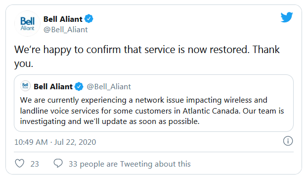 Bell service restored